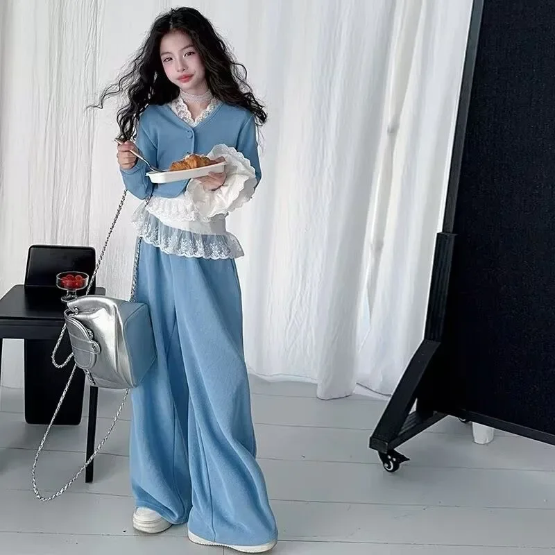 Sweatshirt Set Three-piece Wide-leg Pants Coat Sets for A Girl Elementary Student Clothes Girls' Autumn Winter Fashion Outfit