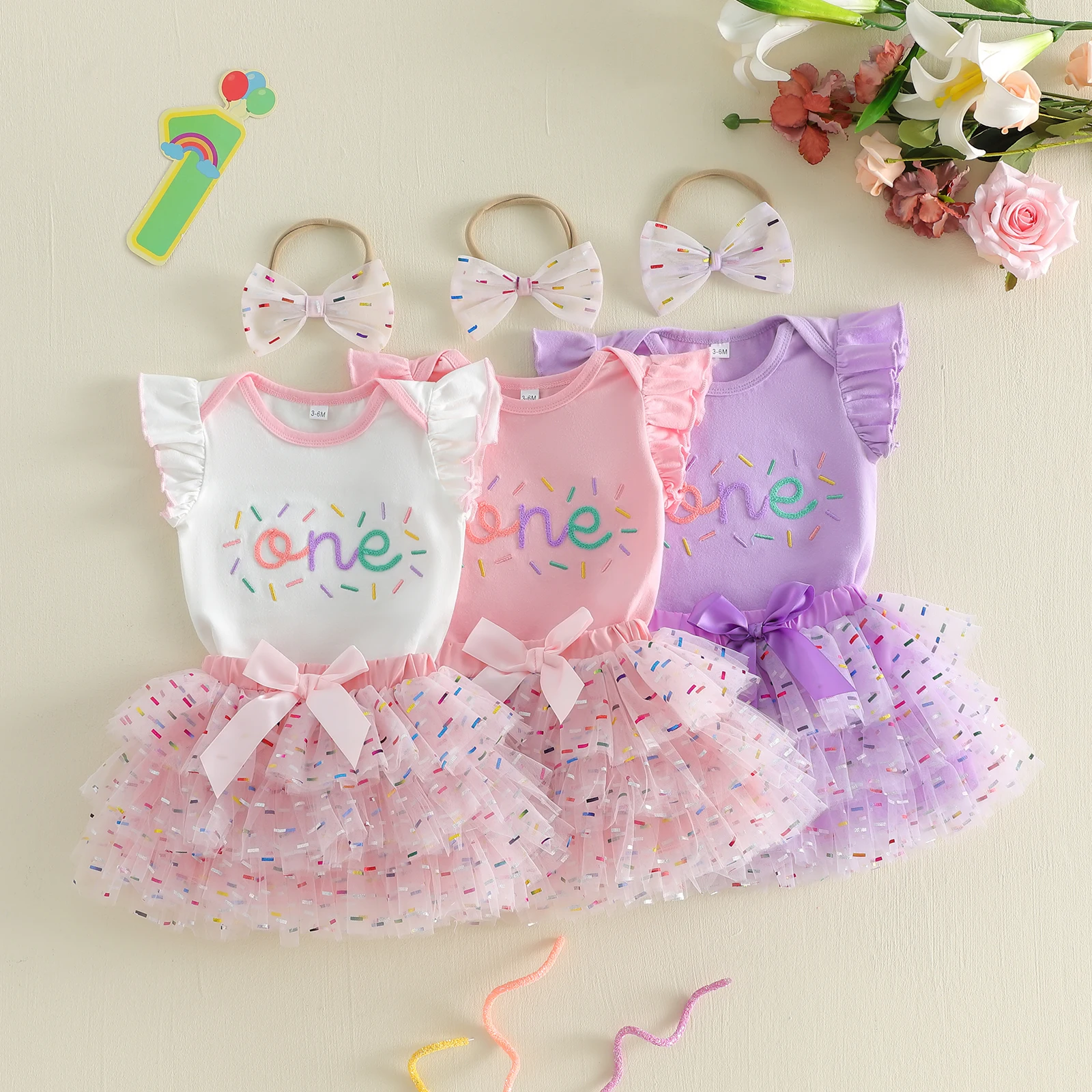 Baby Girl First Birthday Outfit Letter Flying Sleeve Romper Tulle Mesh Skirt Bow Headband 3 Piece Summer Girls Clothes Set