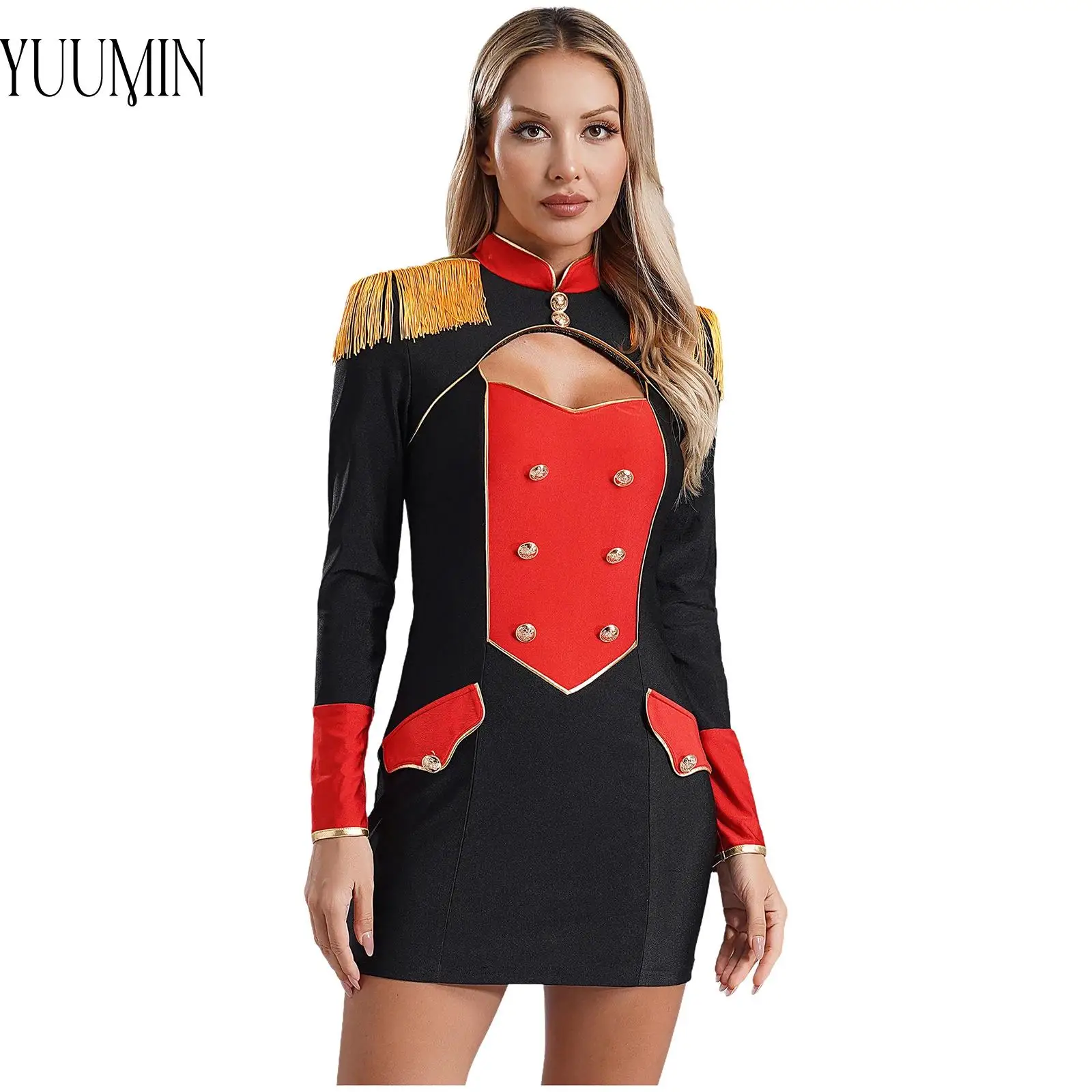 

Women Halloween Circus Ringmaster Costume Dancewear Long Sleeve Tassel Epaulettes Vintage Buttons Cutout Contrast Bodycon Dress