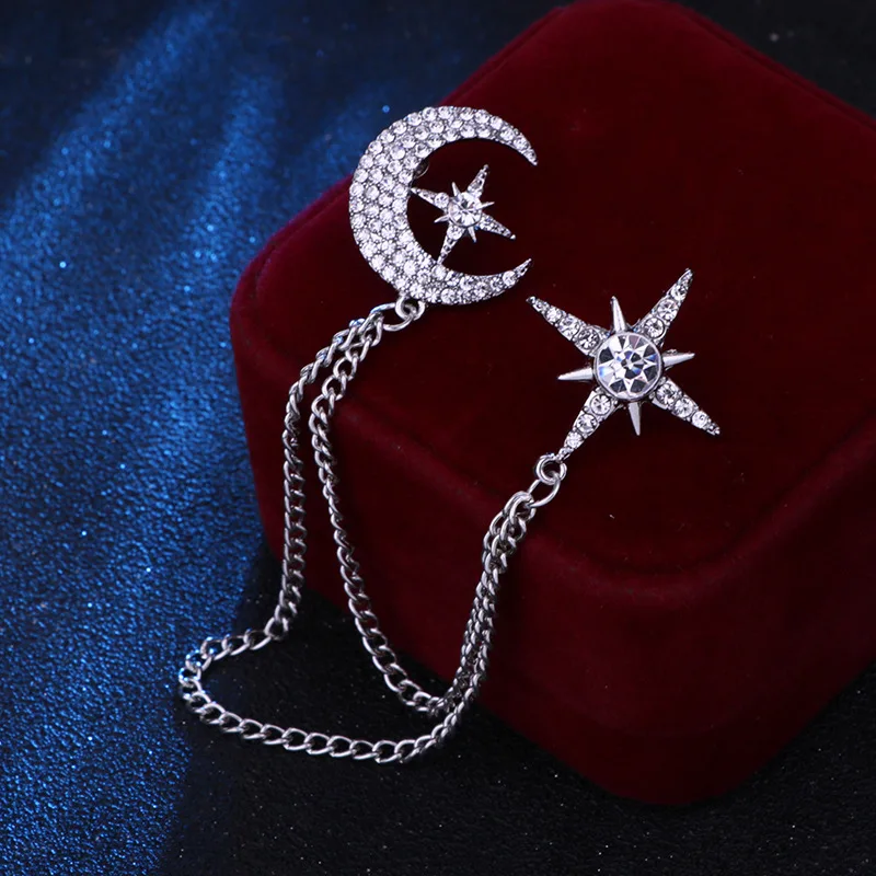 Korean Fashion Moon Starry Brooches For Couple Accessories Elegant Rhinestone Chains Tassels Star Brooch For Women Men Jewelry