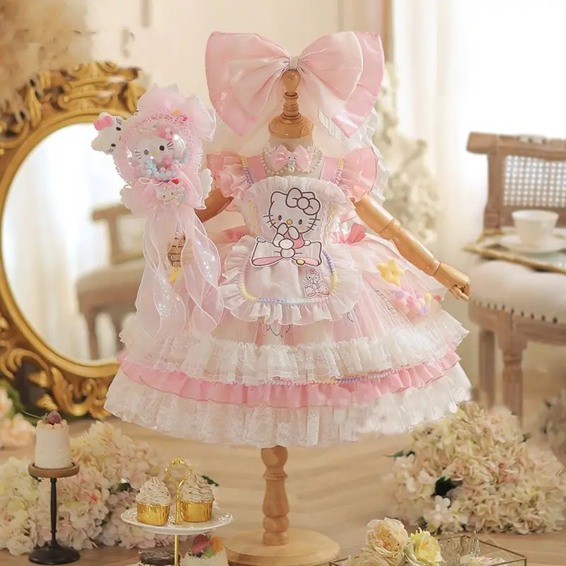 Sanrio Girls Princess Dress Children's Cake Dress Cute Hello Kitty Birthday Fairy Tale Cartoon Skirt Anime Suit