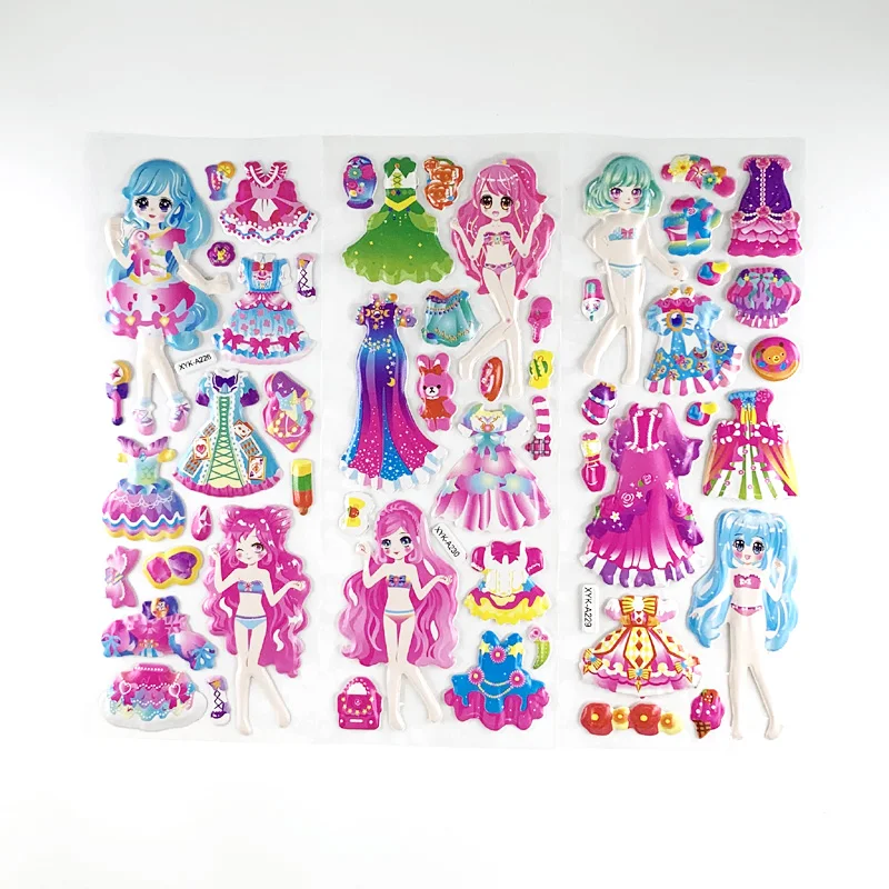 8 Sheets/Set Cartoon Dress Up Girl Stickers Cute 3D Foam Bubble DIY Sticker for Kids Children Scrapbook Birthday Gifts