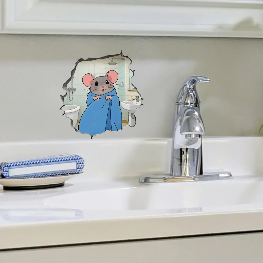 Cartoon Bathing Little Mouse Wall Sticker Bathroom Decoration Waterproof Mural Washbasin Decor Wallpaper Removable Funny Decals