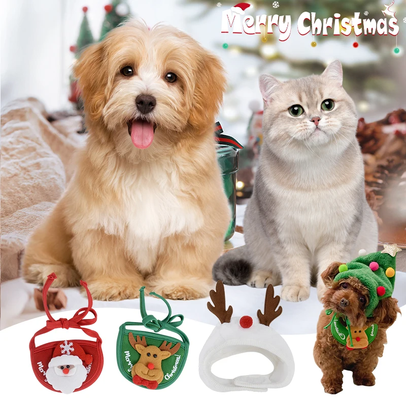 Christmas Pet Hat Cute Antlers Saliva Towel For Dog Cat Dress Up Santa Elk Cute Cosplay Costume Props Merry Xmas Party Supplies