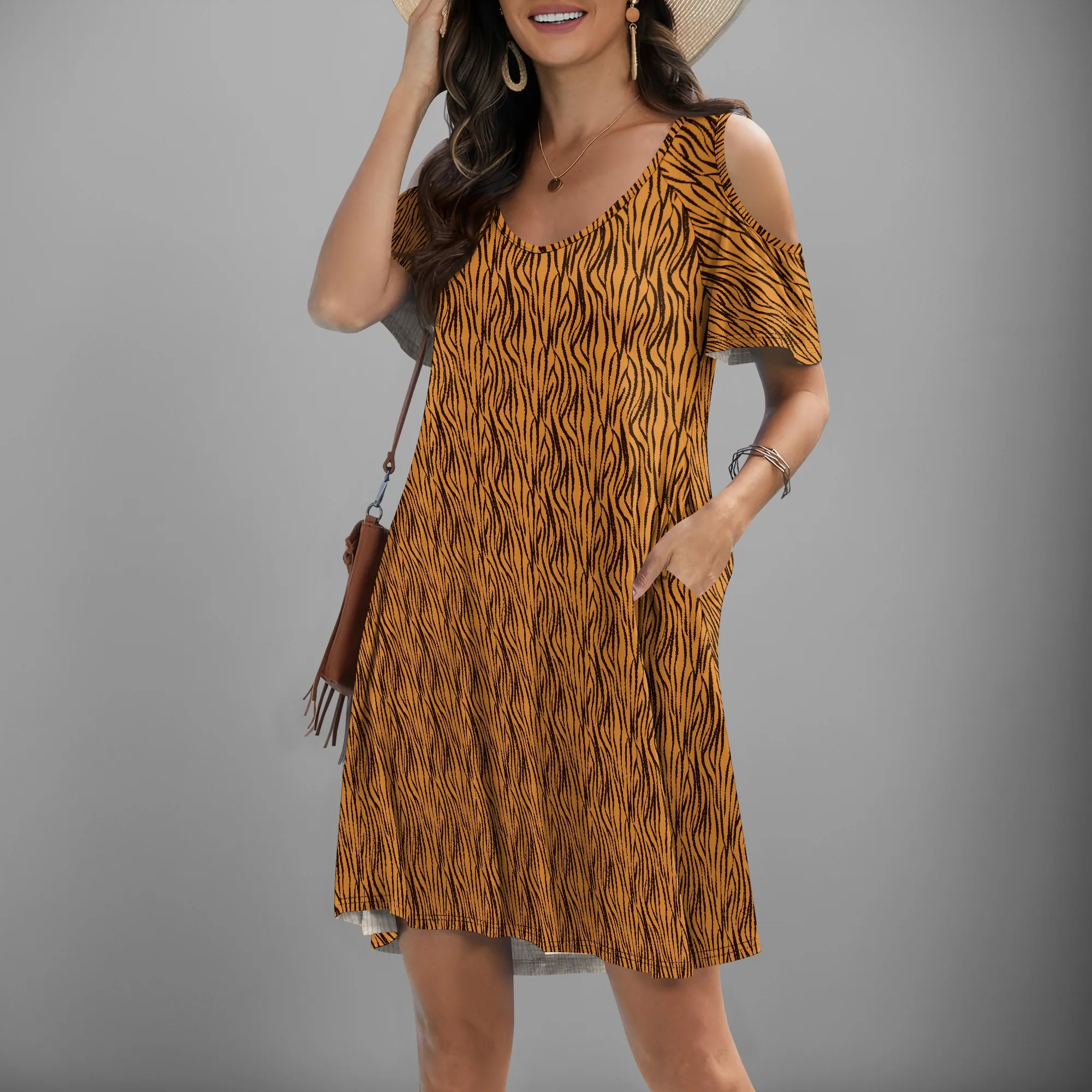 

V-neck Off Shoulder Short Sleeved Women's Short Dress with Pocket A-type Skirt XS-3XL Tiger Stripe Print Flowy