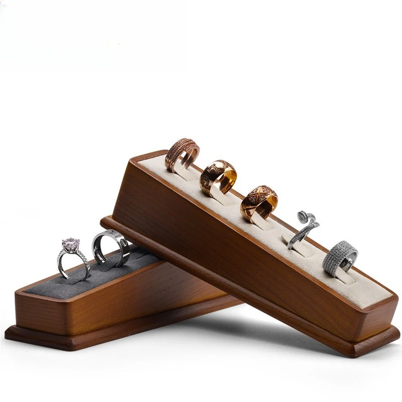 Jewelry Display Props Solid Wood 5-Slot Inclined Ring Stand Vintage Ring Display Holder