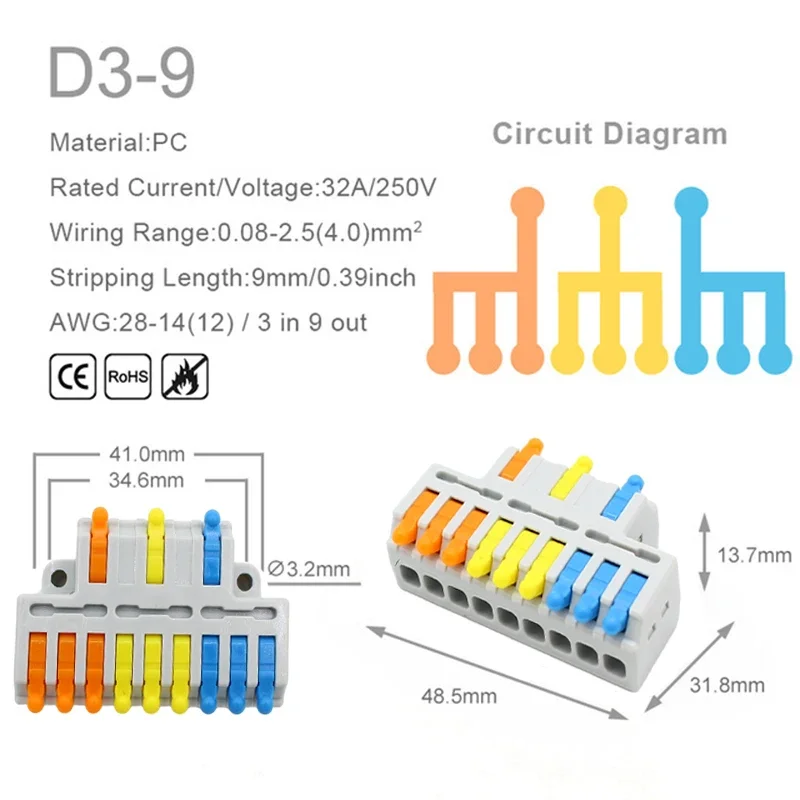 Mini Quick Wire Conductor Connector Universal Compact 2/3 Pin Splicing Push-inTerminal Block 1 in multiple out with fixing Hole