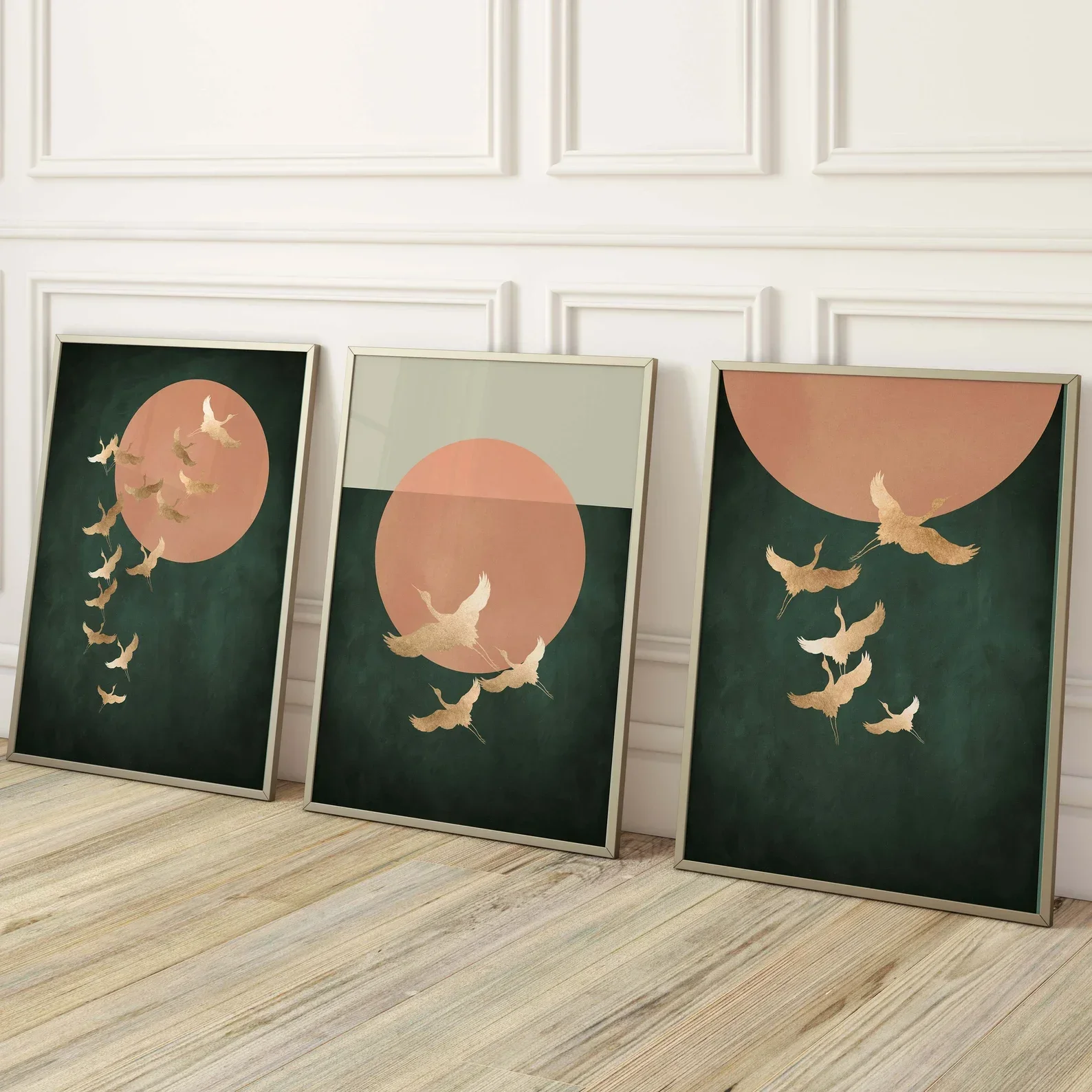 Large-sized frameless 3pcs  3PCS Green and Gold Cranes Wall Art  Japanese Birds Poster, Japandi Art  Orange Sun  Dark Green