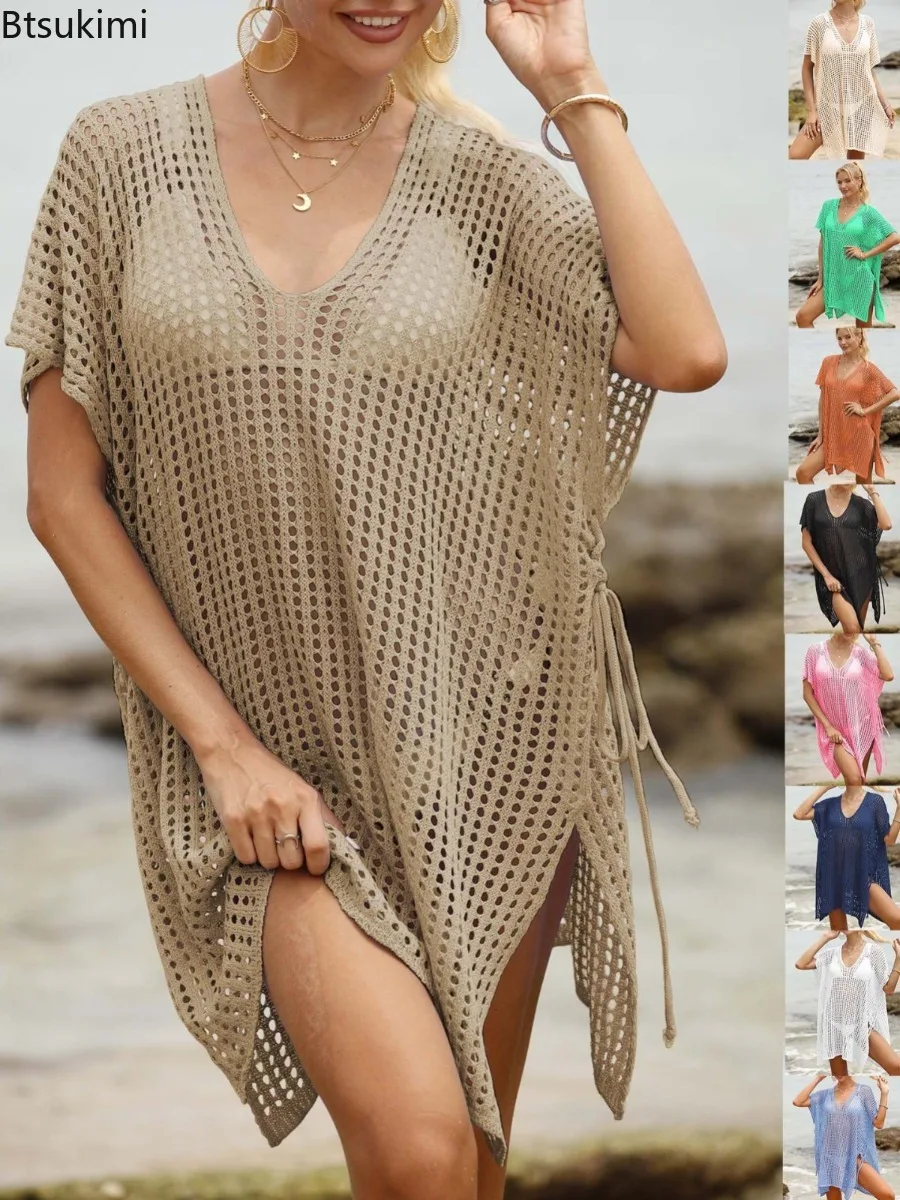 

New 2025 Women's Beach Cover Up Hollow Out Swimsuit Cover Up Solid Color Bathing Suit Cover Up Loose V-Neck Beach Dress Ladies