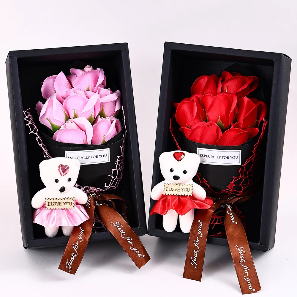 7 رؤساء الورد الاصطناعي باقة الدب الصغير هدية صندوق عيد الحب اليدوية كاذبة زهرة باقة عيد الأم حفلة عيد ميلاد G