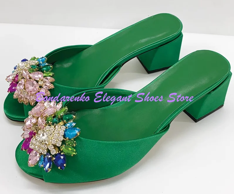 

Chunky Heel Crystal Lady Slippers Sandals Fashion Rhinstone Woman Thick Heel Sandals Shoes Female Casual Shoes Pumps