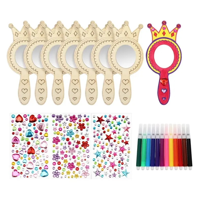 

ABKP-Wood Craft Kit For Kids Handheld Mirrors DIY For Art Activities Unfinished Crown Shape For Art Projects