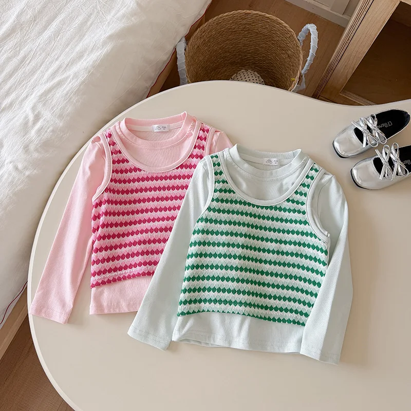 Girls' Knitted Tank Top Long Sleeve T-shirt Spring and Autumn Baby Stripe Splicing Top Children's Stylish Bottom Shirt