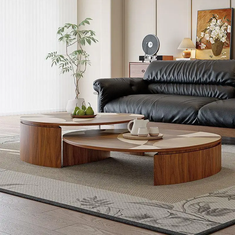 Vintage-style solid wood parquet coffee table combo 2026 new living room round light luxury vintage small apartment with high an