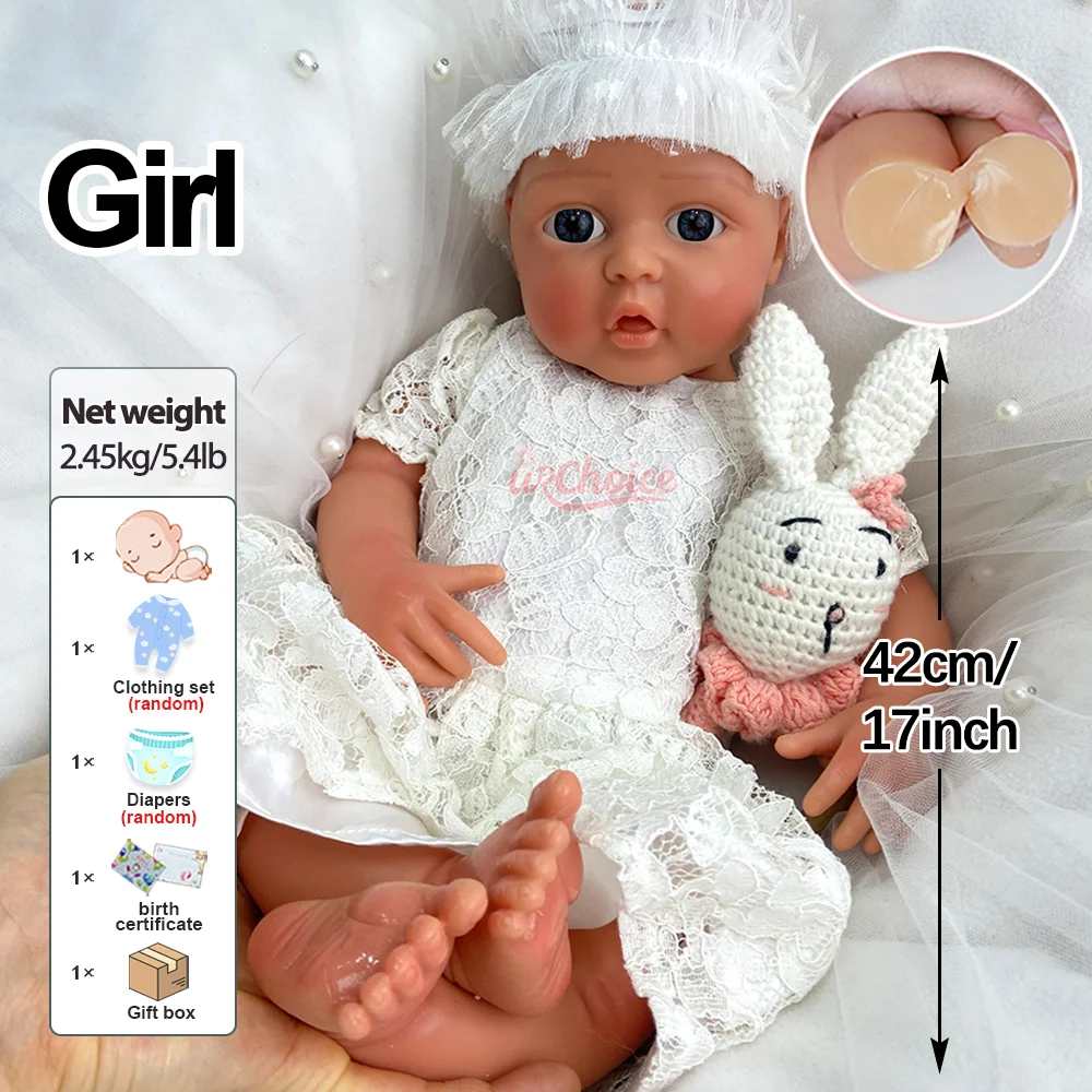 17" Full Body Silicone Reborn Baby Doll Blue Eyes Reborn Doll Washable Realistic Newborn For Collectors Display Photography Prop