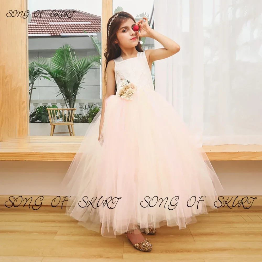 Two-color Blocking Tulle Flower Girl Dresses Detachable 3D Artificial  Performance Gown Sling Daughter Princess Skirt