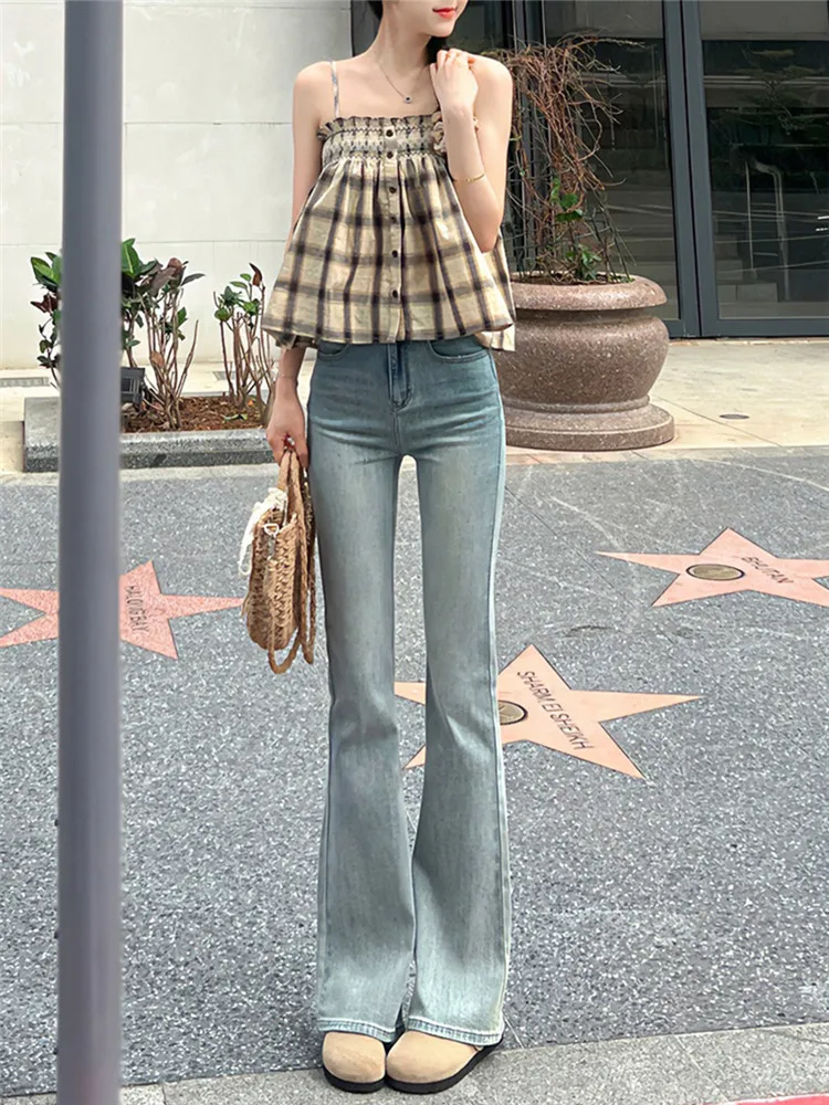

American Retro Washed Blue Micro Flare Jeans Women Summer Thin High Waist Slim Long Floor Length Pants High Waist Jeans