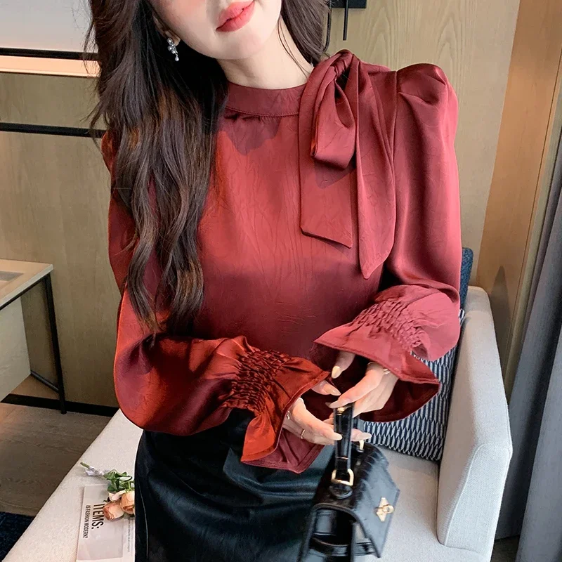 Blus Wanita kerah tegak lengan panjang baru blus busur wanita kemeja Atasan wanita blus kemeja blus Para Mujer Camisas Blusa M550