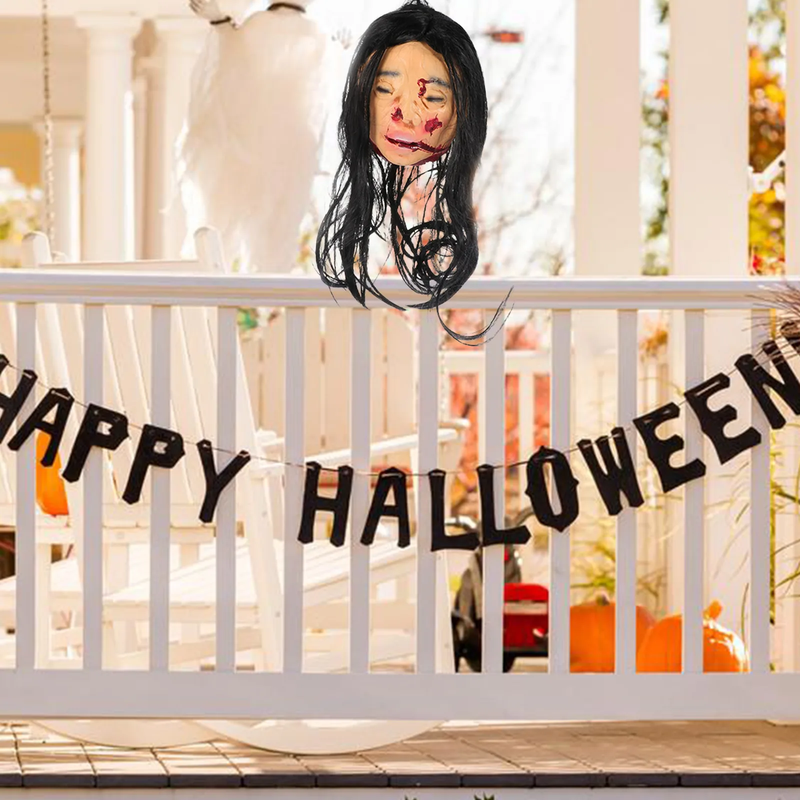 

Long Hair Sadako Head Halloween Hanging Ghost Decor Horror Pendant For Party Haunted House Bar Indoor Outdoor Use Spooky