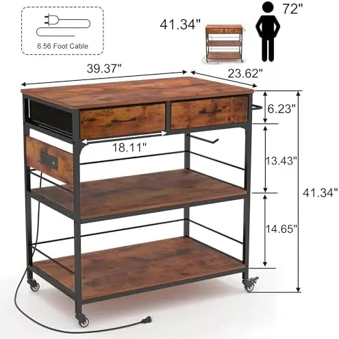 Kitchen Island with Storage,Rolling Kitchen Island Cart with Power Outlet,Industrial Kitchen Island on Wheels,Kitchen