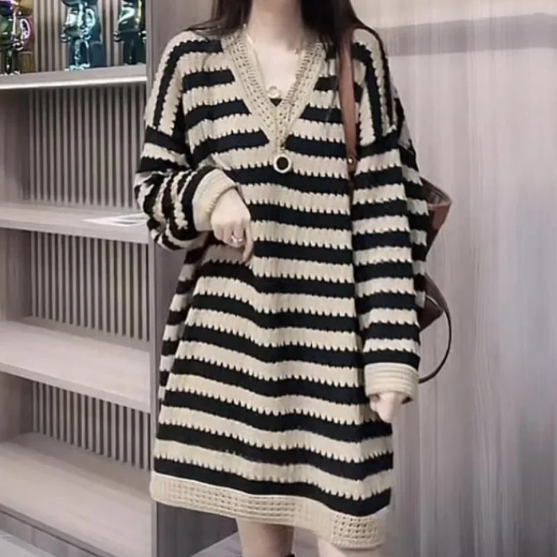 Plus Size Thin Sweater Dresses Fashion V-Neck Striped Hollow Out Oversized Knitted Loose Casual Women Clothes Autumn Mini Dress