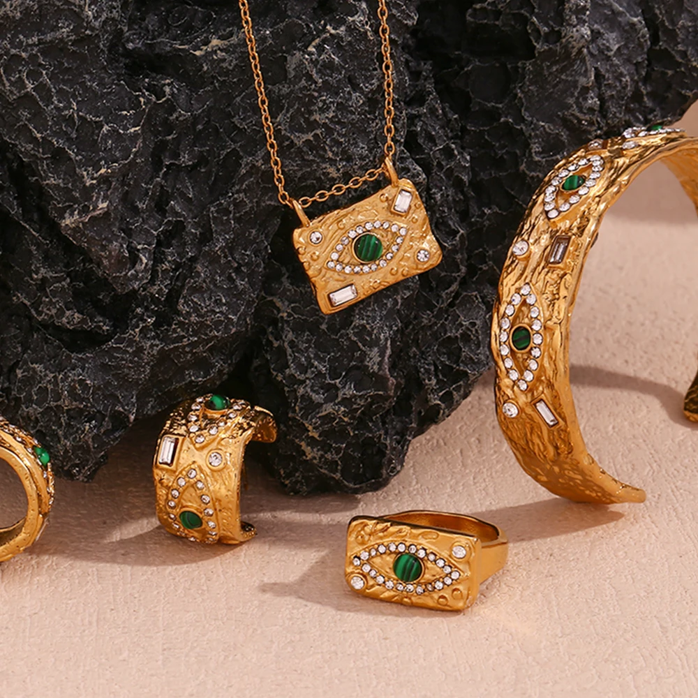MamacitaSlay Vintage Malachite Evil's Eye Rhinestone Hoop Earrings Bracelet Rings Necklace Stainless Steel Jewelry For Women image 6