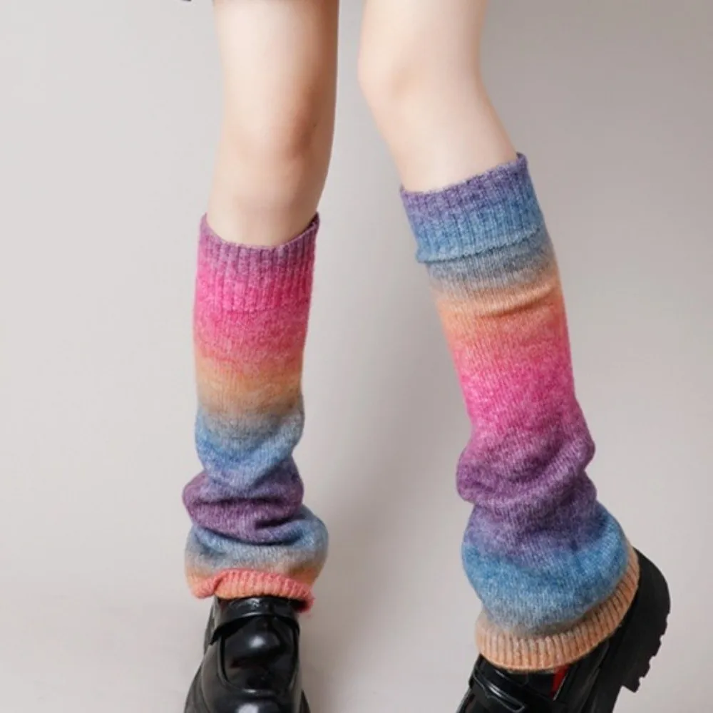 1 pair Y2K Rainbow Gradient Color Leg Warmers Lengthened Thickened Knitting Socks Warm Leg Covers Subculture Fashion