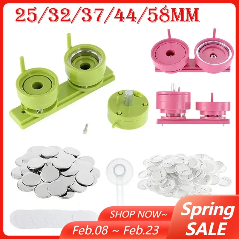 100Sets 25/32/37/44/58mm Badge Pin Button Maker Machine Mold + Blank Making Parts + Circle Cutter DIY Making Badge Materials Set