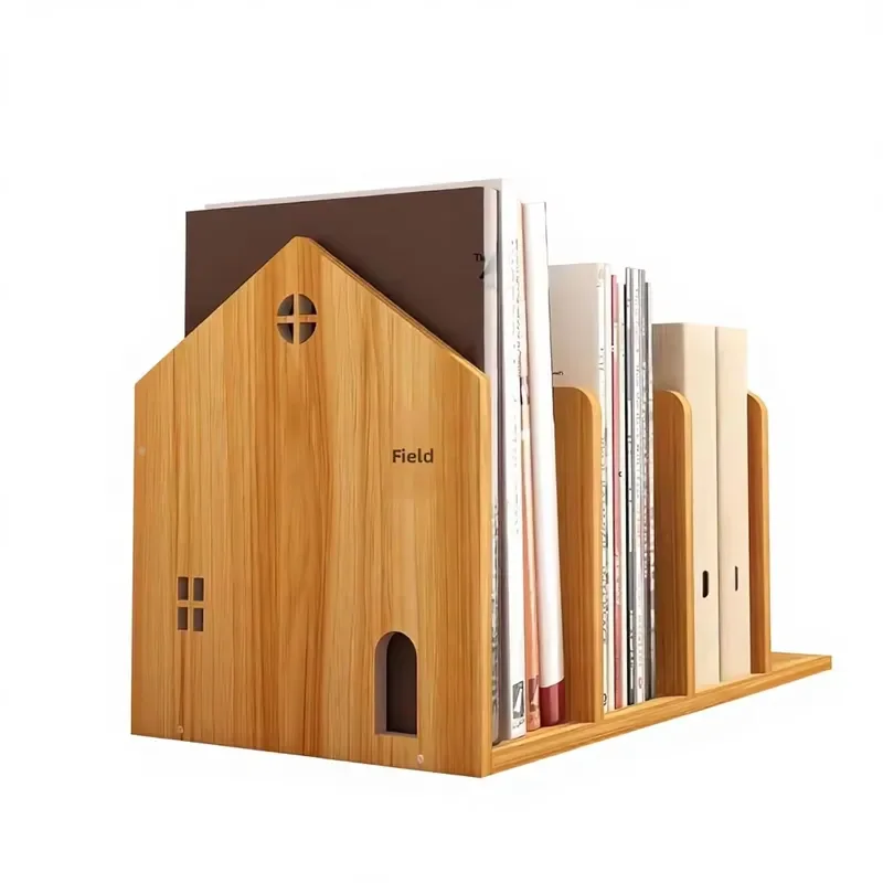 Wooden cabin-style house-shaped tabletop bookshelf storage rack with window cutout, 40.5x23x19.5 cm, decorative book storage
