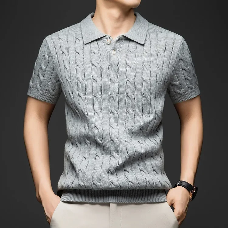 100% Baumwolle Herren Strick-Poloshirt Kurzarm Baumwolle Zopfmuster Retro Umlegekragen Lässiges Business-Oberteil – Detail 12