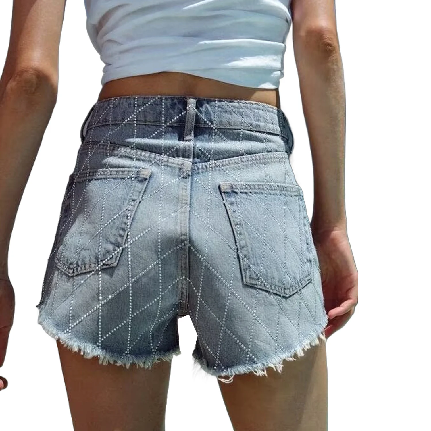 Denim shorts with shiny edges and rhinestones for women high waist and rough edges fashion cool and casual new