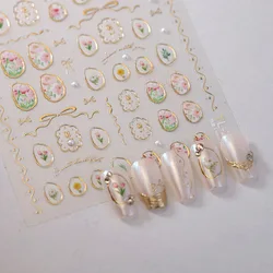 5D Relief Translucent Jelly Pink Floret Flowers Glossy Gold Edge Block Adhesive Nail Art Stickers Decals Manicure Ornaments
