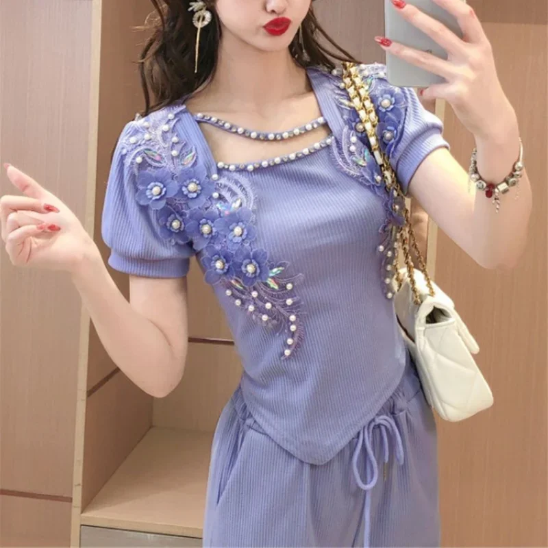 Korean Style Wide Leg Trousers Woman Purple Pant Sets for Women 2 Pieces Tailor Fashion Clothing 2024 With Sleeve Classy Sales D