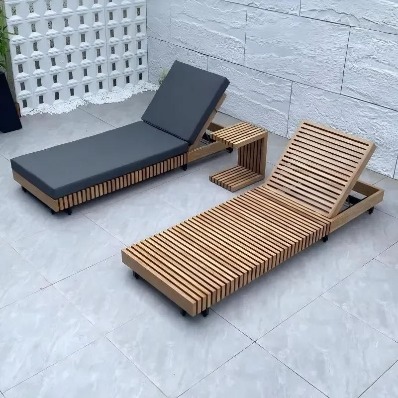 Outdoor Beach Swimming Pool Folding Lounge Chair Sunbed Aluminum Wood Modern Furniture High Quality Park Hotel Use UV