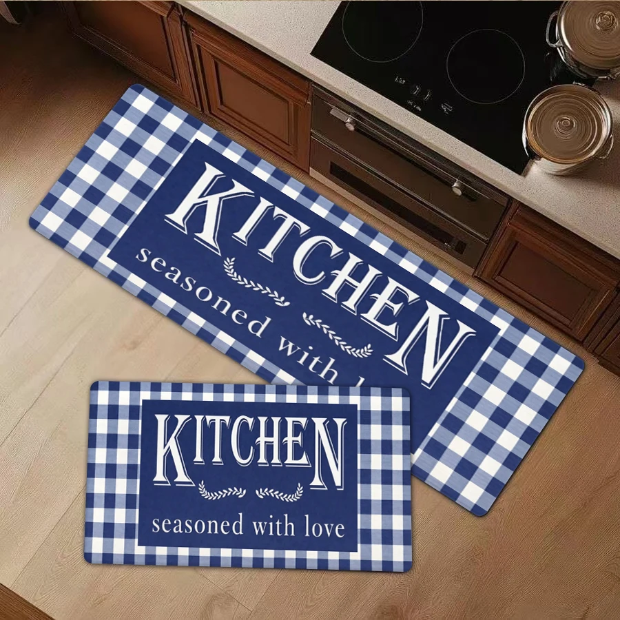 Flannel Kitchen Mat Blue Plaid Soft Absorbent Rug