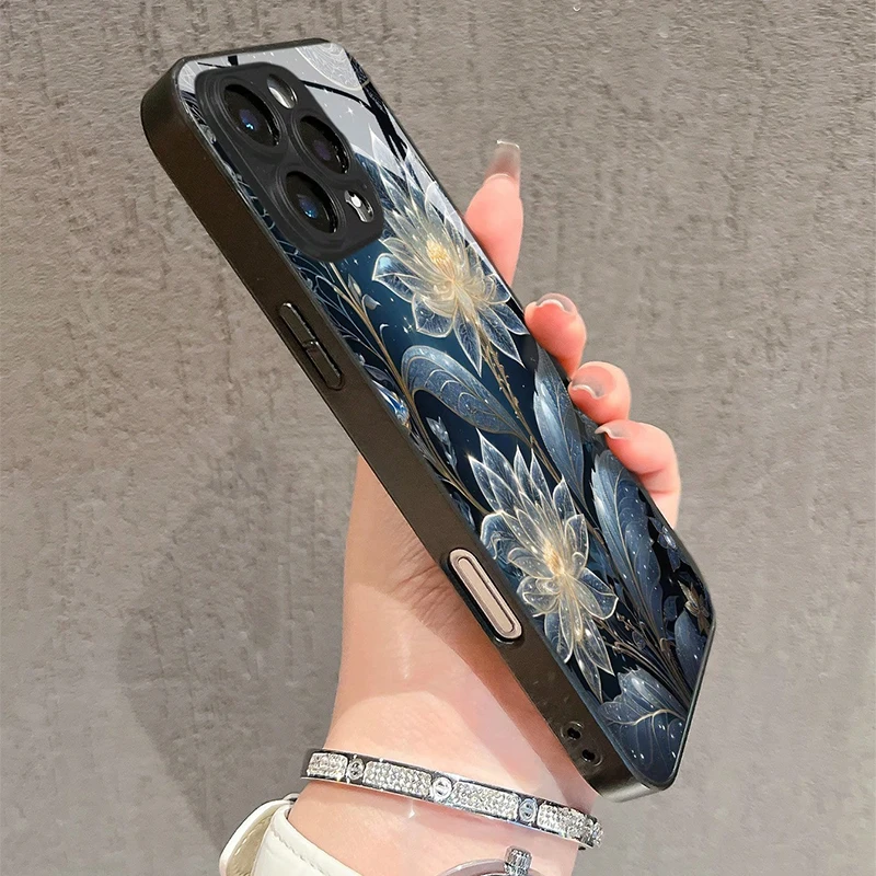 Glowing Flower Pattern Tempered Glass Phone Case For iPhone 17 16 15 14 Pro Max 13 12 11 Pro 16E 17Air 7 8 Plus XR XS X Cover - Image 3