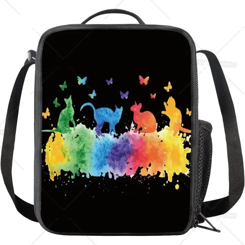 Cat Butterfly Paint Splatter Cooler Lunch Bag for Women Men Kids Reusable Insulated Lunch Box Tote Bag for School Work Picnic