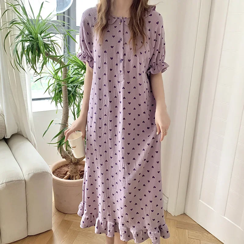 Heart Print Summer Nightgown Women O-Neck Ruffles Short Sleeve Cotton Loose Sleepwear Sweet Vintage Kawaii Homewear Purple 2022