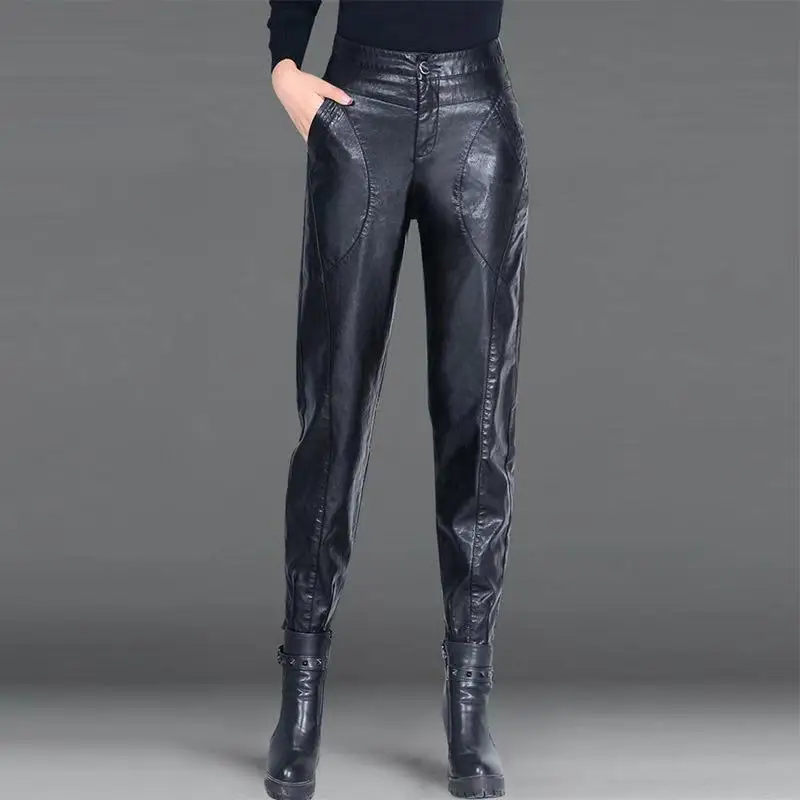 

Female Trousers Pencil High Waist Women's PU Leather Pants Autumn Winter Trends 2024 Comfortable Stretch Harem Classic Slacks