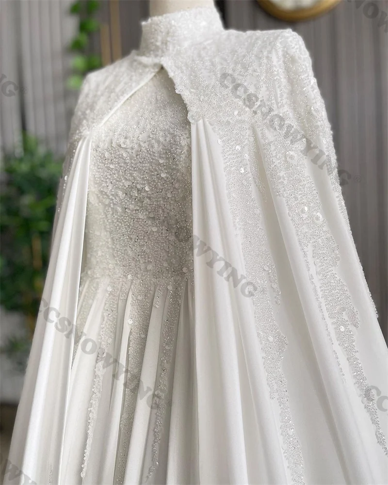 Robe de mariée musulmane perlée avec cape pour femme, manches longues, hijab à col haut, robe de mariée arabe, patients islamiques, quelle que soit la mariée