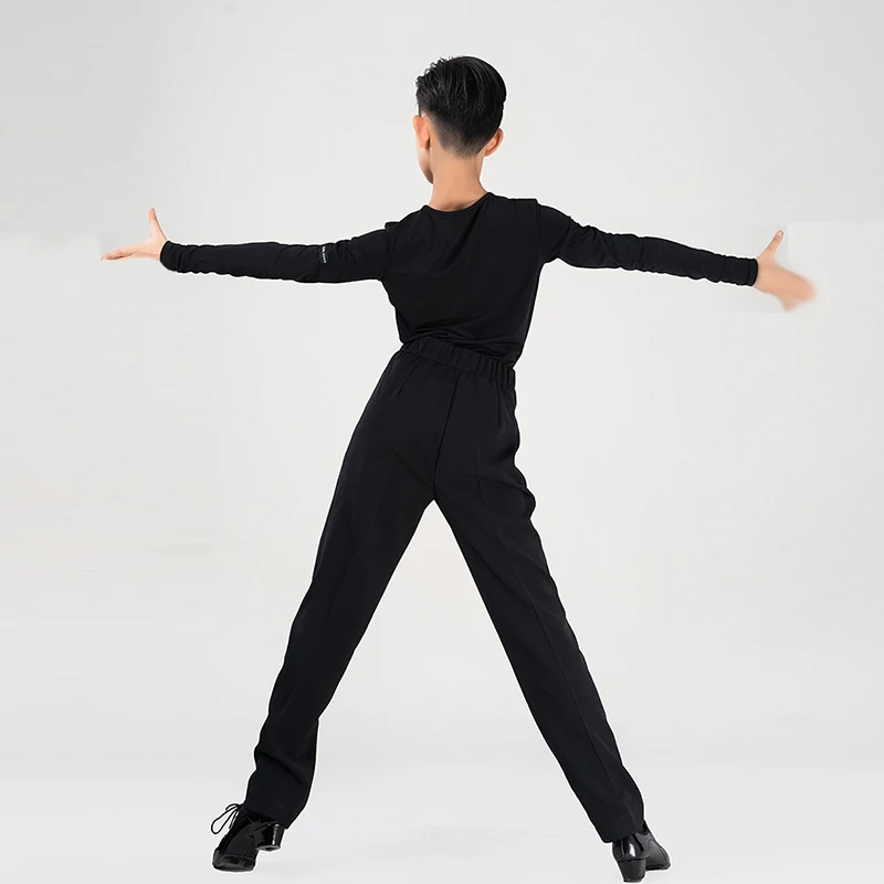 2024 New Latin Dance Performance Costumes Boys V-Neck Mesh Tops Black Pants Suit Kid\'s Rumba Tango Dance Training Clothing XH948