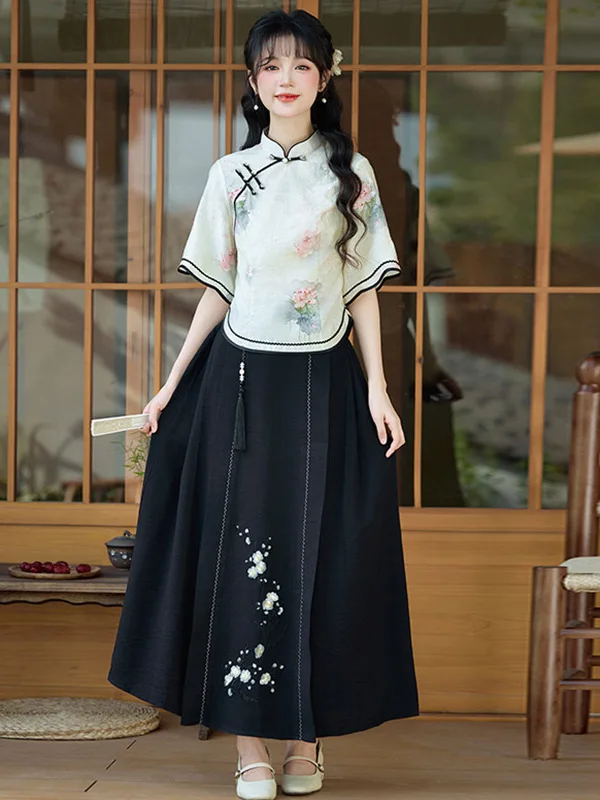 

Новый китайский костюм для молодых женщин: обновленный комплект из двух предметов (длинный топ и брюки/юбка) для весны и лета, дышащий, с цветочным принтом