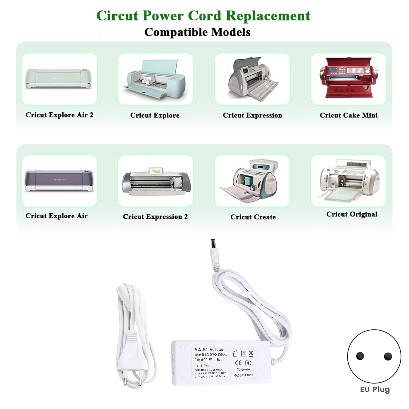AB47-18V 3A Power Supply Charger For Cricut Explore Air 2, Expression 2, Personal Expression Create, Mini, Explore EU Plug