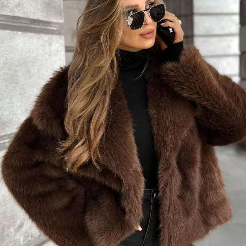 HXAO Brauner Kunstpelzmantel Herbst Winter 2025, pelziger, abgeschnittener Langarm-Oberbekleidung, künstlicher Pelzmantel, modische warme Plüschjacken