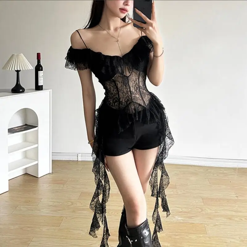 2024 Y2k Aesthetic Lace Irregular Tops Harajuku Hollow Out Summer One line neckline suspender short sleeved top Streetwear p1305