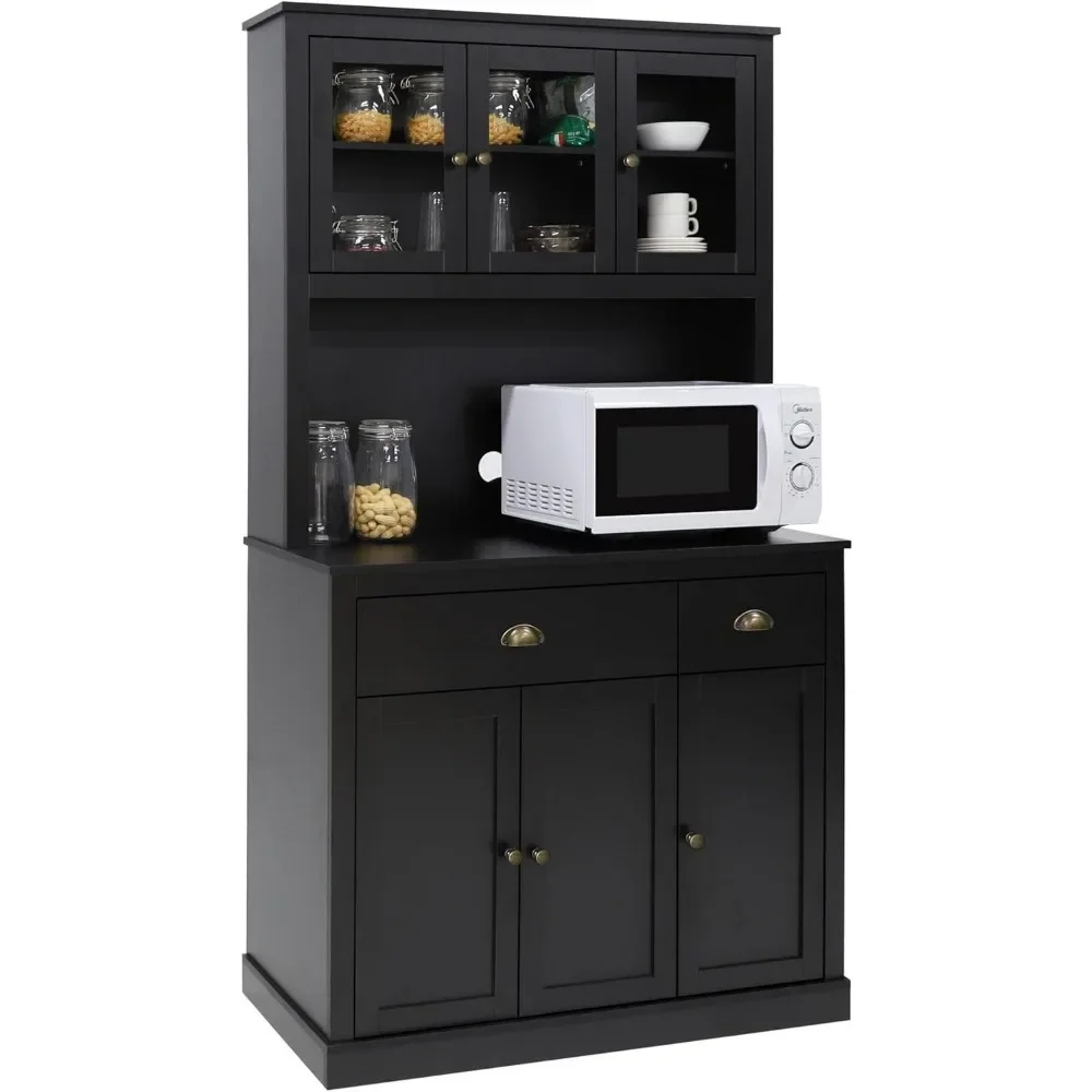 Kitchen storage cabinet with microwave stand, 71 inch independent cabinet with self-service cabinet,drawers, and home door,black