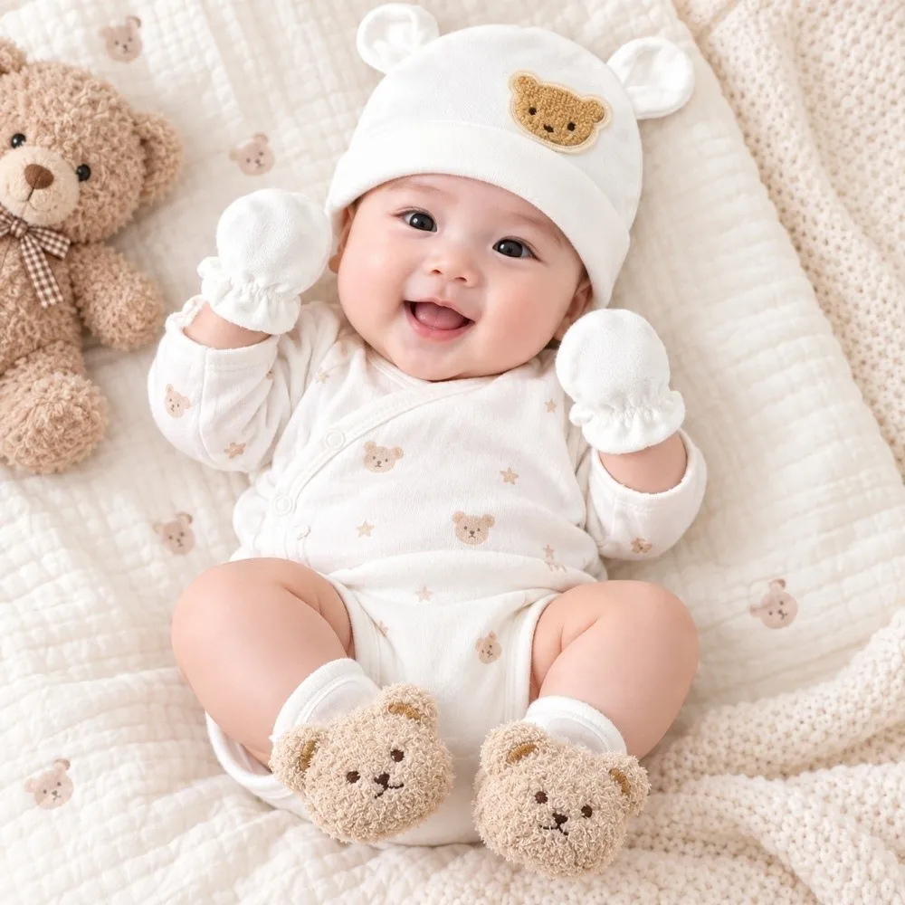 Soft Warm Baby Hat Gloves Socks Set Breathable Cartoon Newborn Hat Face Protection Elastic Infant Mittens Autumn Winter