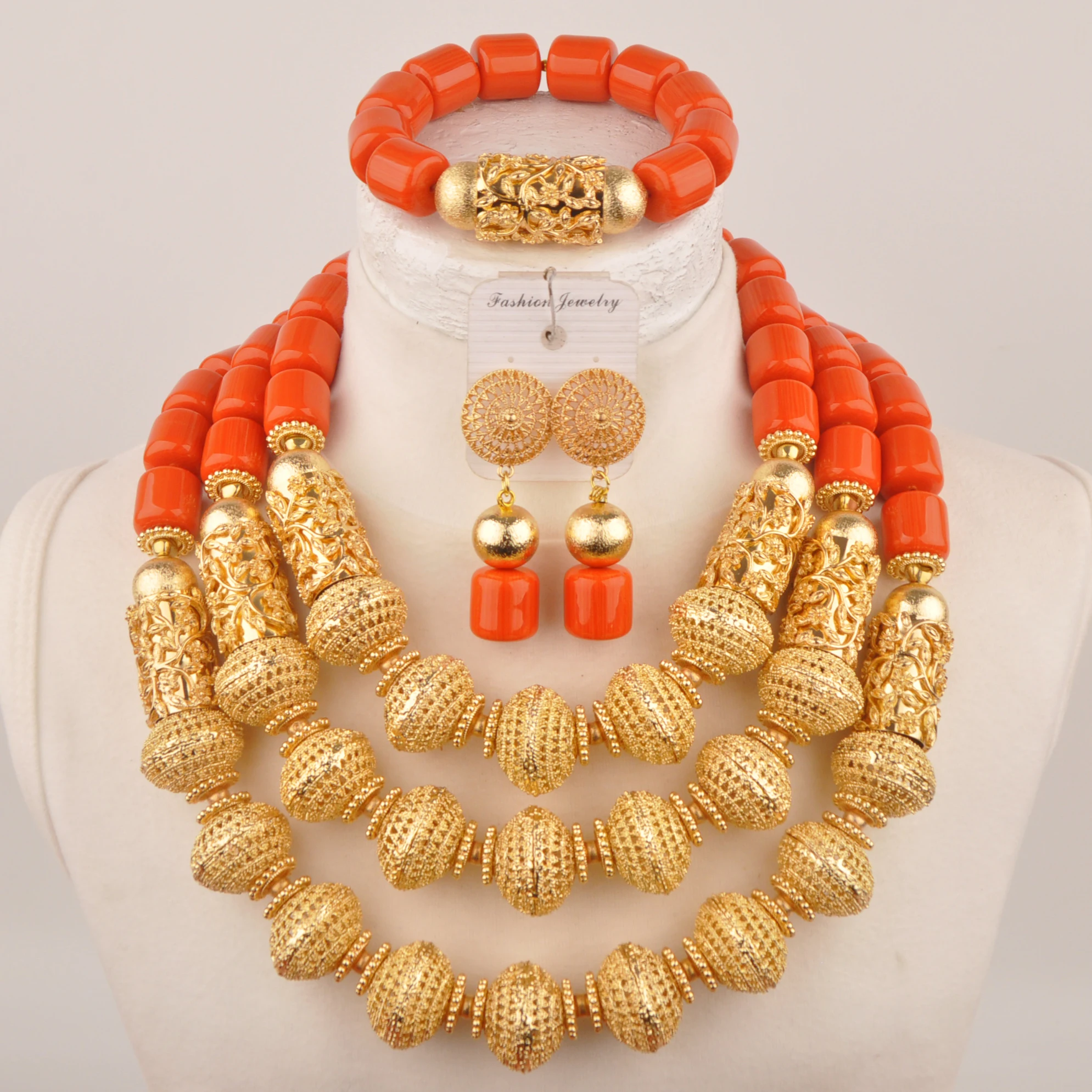 

Orange Artificial Coral Bead Necklace Sets African Bridal Jewelry