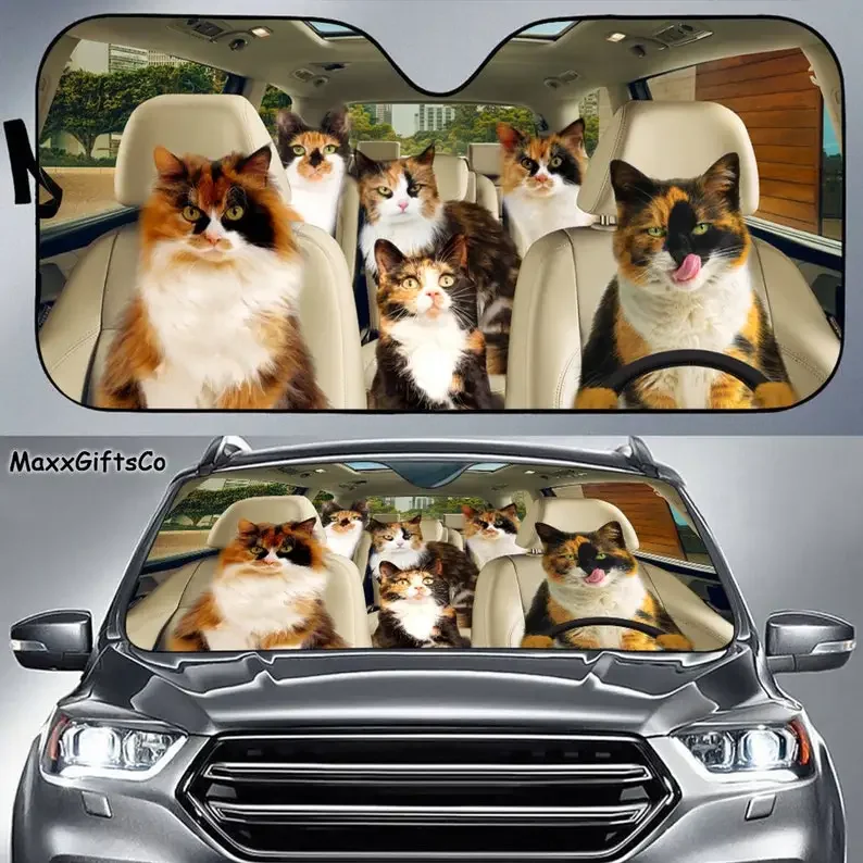 Calico Cat Car Sun Shade, Calico Cat Windshield, Cats Family Sunshade, Cat Car Accessories, Car Decoration, Gift For Dad, Mom