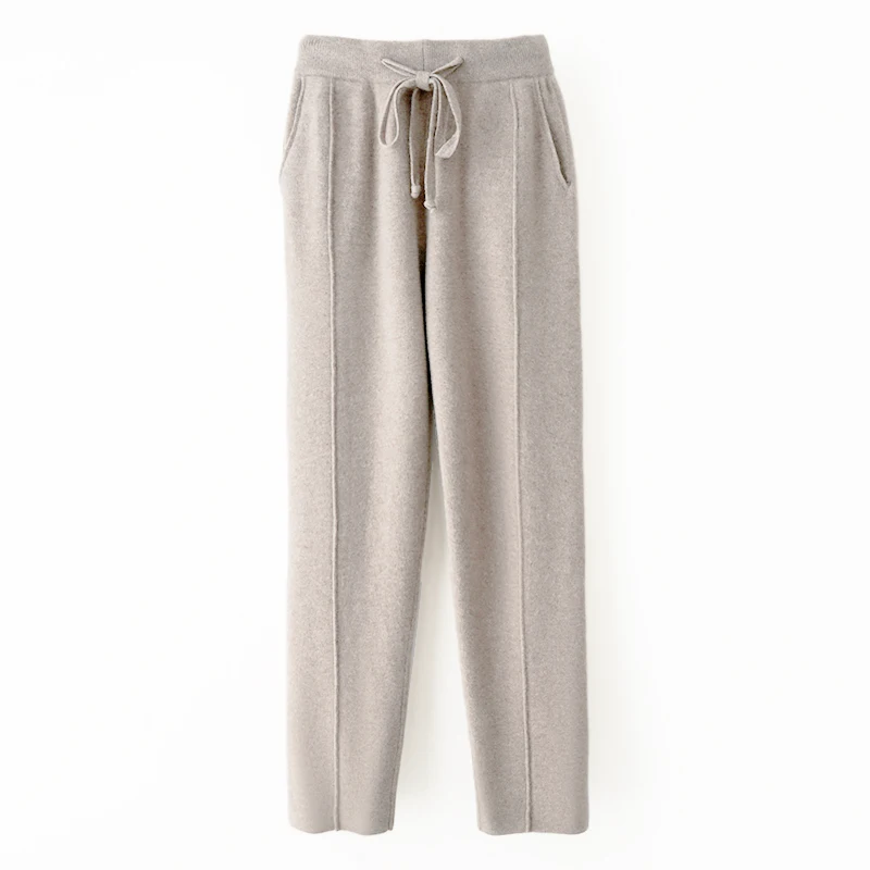 

Autumn Winter Women 100% Merino Wool Trousers Medium Seam Pencil Pants Knitted Soft Warm Cashmere Trousers Drawstring Wool Pants